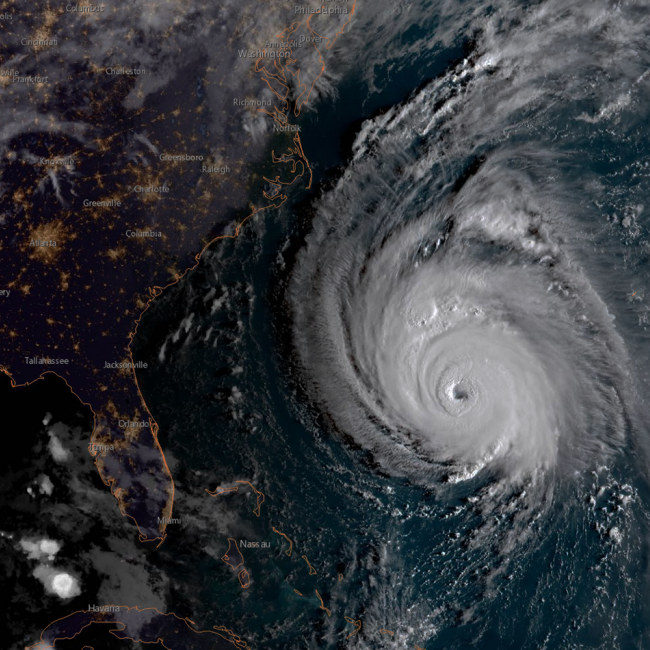 NOAA GOES-East/GOES-16 satellite image of Hurricane Florence in the Atlantic captured at 7:45 am EDT,  September 12, 2018.