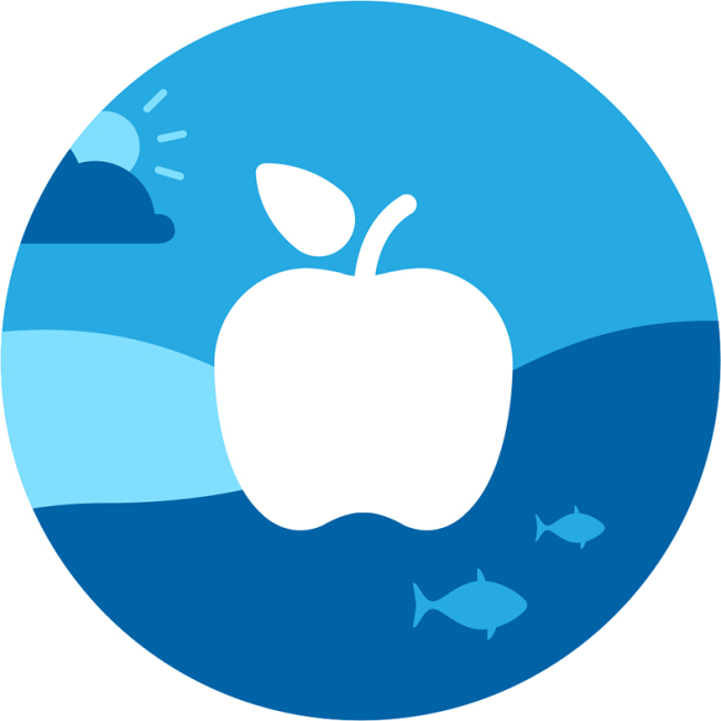 Apple icon in the center of a graphic featuring the sun and a cloud in the sky and fish underwater. 