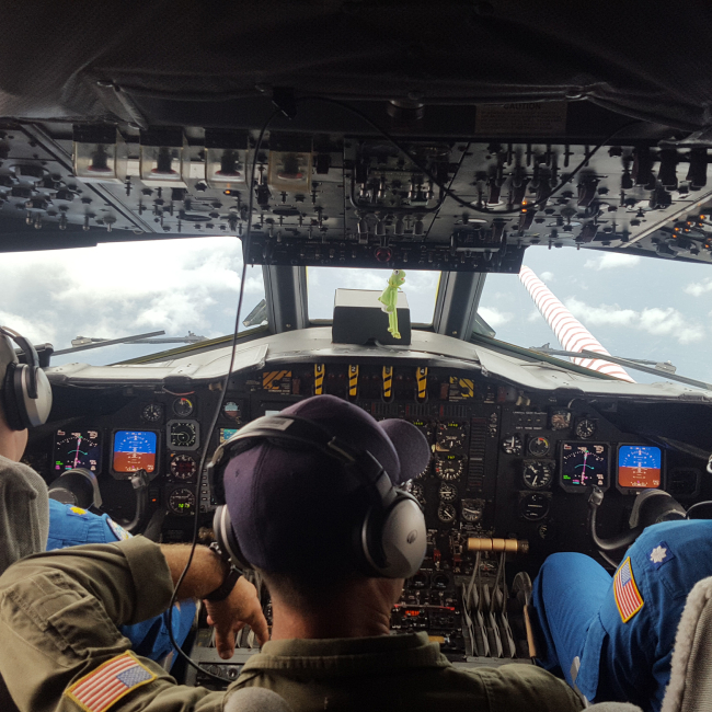 A view from the flight deck of a NOAA WP-3D Hurricane Hunter aircraft as the team flies into Hurricane Harvey on August 24, 2017.