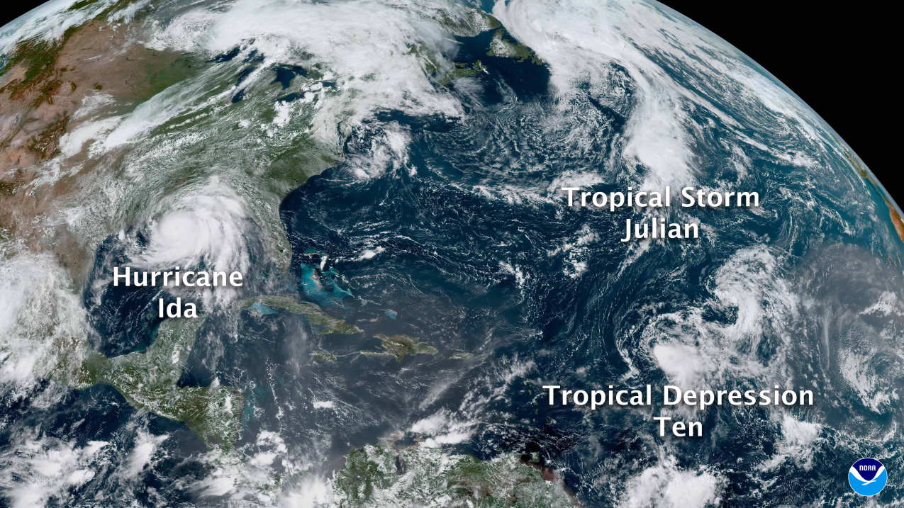 GeoColor image of Hurricane Ida, Tropical Storm Julian, and Tropical Depression Ten (which intensified into Tropical Storm Kate on August 30) from NOAA's GOES-16 satellite on August 29, 2021.