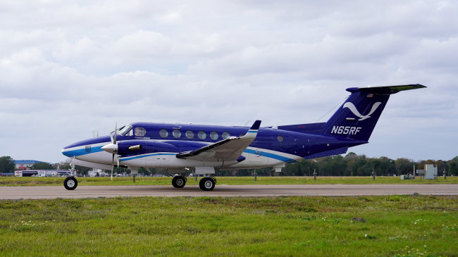 Photo of NOAA Beechcraft King Air N65RF as it taxis to the NOAA Aircraft Operations Center upon arrival in Lakeland, Florida. Credit: Sophie Talbert, NOAA