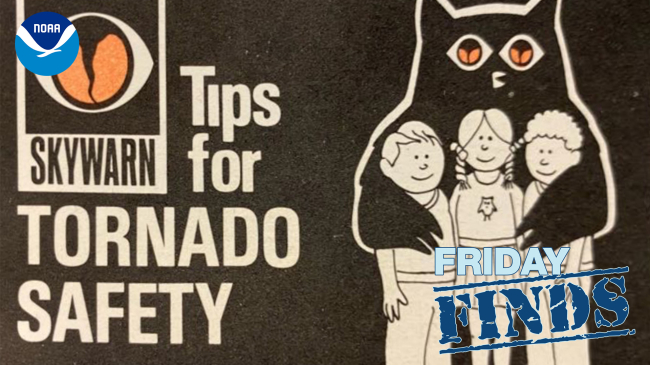 Photos of the front of the Owlie Skywarn card, showing Owlie the owl with his wings around three children with the words, "SKYWARN Tips for TORNADO SAFETY."